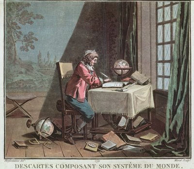 Rene Descartes (1596-1650) schreibt sein Weltsystem, graviert von Jean Baptiste Moret, 1791 von Desfontaines